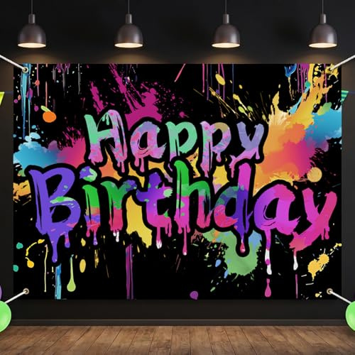 Geburtstag Banner Neon, Happy Birthday Girlande Deko Banner 210x150cm | Geburtstagsbanner Hintergrund Deko für Mädchen Jungen, Extra Großes Geburtstagsdeko Party Schild Poster Drinnen und Draußen