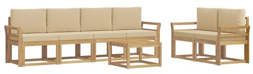 vidaXL Outdoor-Sofagarnitur mit Kissen 7 pcs Weiß und Beige, Moderne Outdoor-Sofagarnitur, robuste Eckcouch, stylisches Gartenmöbel, Akazienholz, Bequeme Sitzplätze