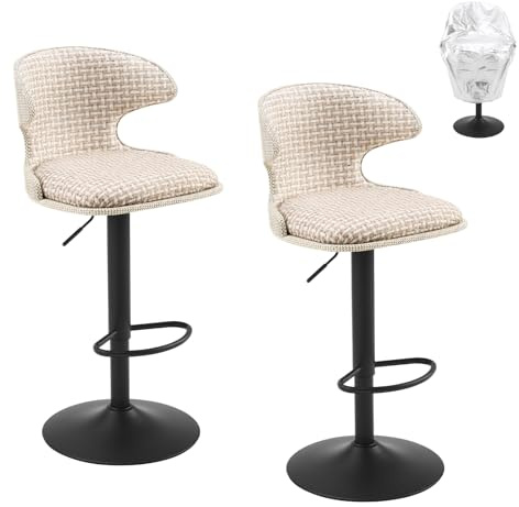 FurniSoar Outdoor Barhocker 2er-Set, 360° drehbare Terrassen-Barhocker mit Verstellbarer Höhe und wasserdichter Schutzhülle, wetterfester Textilene-Stoff, Leinen-Karomuster