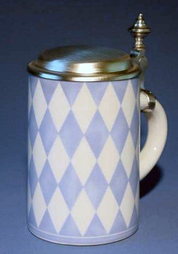 Bierseidel Bier-Krug Porzellankrug mit Zinndeckel Bay. Rauten antikblau