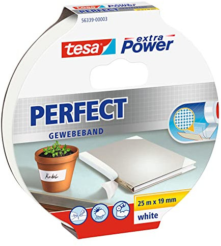tesa extra Power Perfect - Ruban Adhésif Toilé - Ruban de Réparation pour Artisanat, Fixation, Renforcement et Étiquetage - Blanc - 25 m x 19 mm