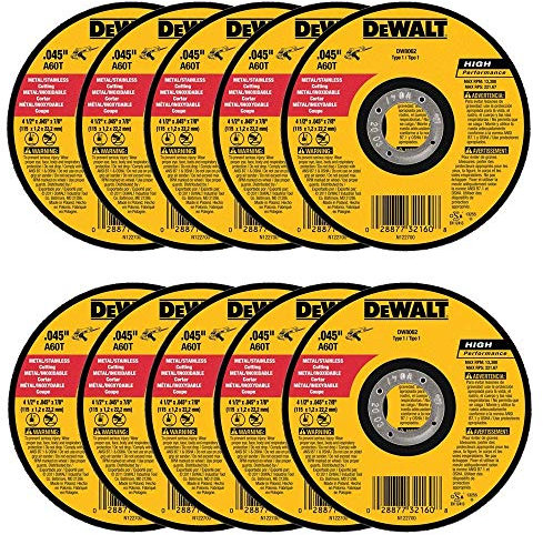 DeWalt DW8062 4-1/2x.045x7/8 Metal Angle Grinder Thin Cutoff Wheel, 10 Pack