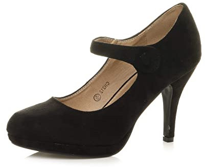 Womens Ladies mid high Heel Mary Jane Strap Evening Court Shoes Pumps, 4 UK, Black Suede