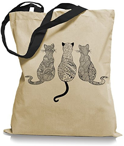 Ma2ca® Cats - Katzen Tragetasche/Bag/Jutebeutel WM Farbiger Henkel-Black