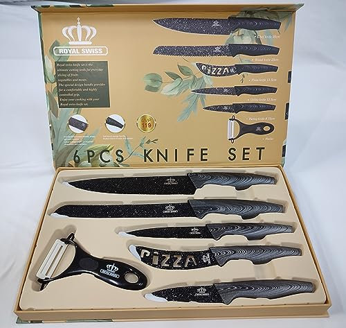 ROYAL SWISS Juego Set de Cuchillos de Cocina, Conjunto de Cuchillos Profesionales, 5 Cuchillos de Acero Inoxidable y 1 Cuchillo Pelador de Verduras. (Negro/Plata)