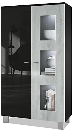 Vladon Vitrine Denjo, Made in Germany, Standvitrine mit 2 Türen und 3 Glaseinsätzen, Schwarz matt/Schwarz Hochglanz/Beton Oxid-Optik, inkl. LED-Beleuchtung (71 x 129 x 35 cm)