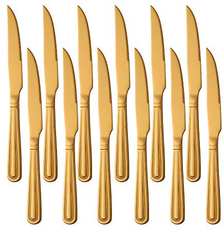 Buyer Star Cuchillos de Carne 12 Piezas, Juego de Cuchillos Afilados de Acero Inoxidable Dorado para cocinas domésticas y restaurantes