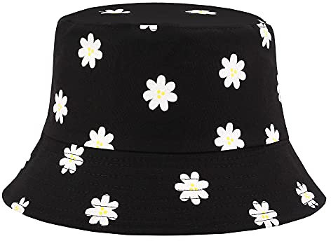 Haoohu Mehrfarbiger Fischerhut für Damen, Herren, Mädchen, Frosch, Fischerhut, Strand, Sonnenhut für Outdoor, Reisen, Black Flower, Einheitsgröße