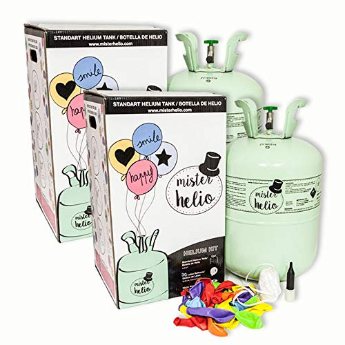 Pack 2 Bombonas de Helio Desechables Mister Helio (Para hasta 25 Globos cada bombona, globos de látex incluidos). La botella de Helio más molona