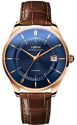 LOBINNI Herren-Armbanduhr aus Edelstahl, mechanisch, automatisch, Kalender, luxuriös, analog, Rosé-Blau-L, Analoge Uhr, mechanisch