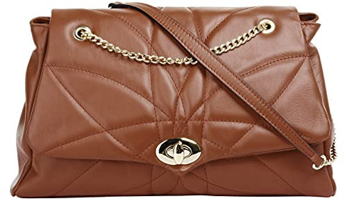 Cluty Umhängetasche Echt Leder Damen | Made in Italy | Elegante Schultertasche mit Kettendetails | Crossbody Bag mit Drehverschluss cognac | 021205