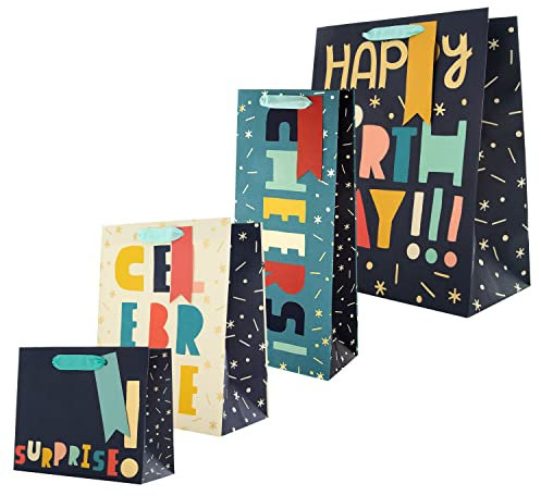 Hallmark Gift Bag, Pack of 4 in Small, Medium, Large and Bottle sizes, 4 Designs, Birthday, Black, Blue, White