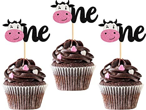 24 Stück One Cupcake Toppers Glitter Kuh Cake Topper ,Kuchen zum ersten Jahrestag Food Picks Dekorationen für Kinder 1st Geburtstag Party Kuchendekorationen Zubehör