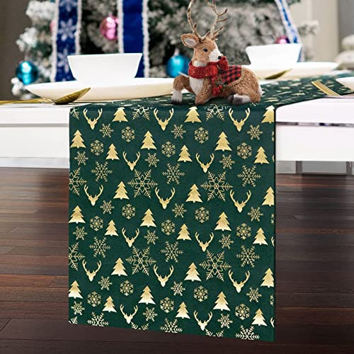 Weihnachtstischläufer, 250 cm, Samt, luxuriös, grün, Rentierbaum, Schneeflocken, rechteckig, langer Tischläufer für Weihnachten, Esstisch, Dekoration, Partys, 27.9x253.4 cm (Samt/Dunkelgrün)