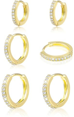 Gold Hoop Earrings,14K Real Goldplated Hoops with AAA Diamond Zirconia For for Women Girls, Small Huggie Hoop Earrings Set for Women, 3 Pairs Sterling Silver 925 Cartilage Hypoallergenic Earring