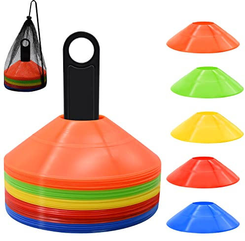 50 Pack Disc Cones, Agility Soccer Cones with Carry Bag and Holder, 5 Color