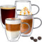 TKNO Double Walled Glass Mugs, Coffee Cups with Handle, Set of 4 Pack Hollow Vacuum Sealed Cappuccino Latte Macchiato Glasses, Hand Made, Heat Resistant, Microwave Safe, 350ml Cup