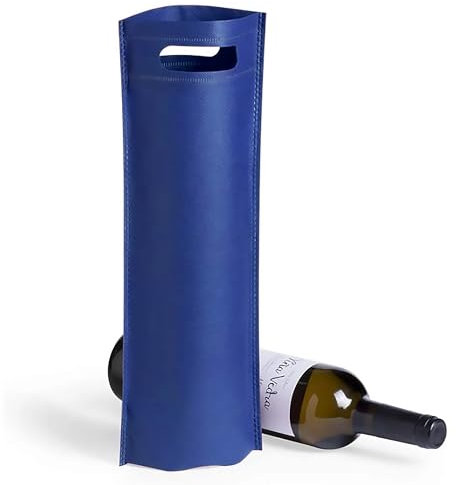 VINAK Lot de 10 Sacs Bouteilles Vin - Champagne en matière Non Tissé thermoscellé haute résistance avec anse | Sacs parfaits pour mariage, baptême, cadeau d'anniversaire (E - Bleu)