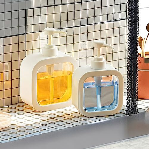 Megory Seifenspender,300/500ml Pumpspender, Shampoo Spülung Duschgel Spender mit Pumpe und Wasserdichten Etiketten für Küche Bad, 2 Stück Plastik (1 Stück 300ml+1 Stück 500ml)