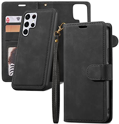 QLTYPRI Hülle für Samsung Galaxy S22 Ultra, Abnehmbare Magnetische Handyhülle Kartenfach Hülle Ständer Flip Klapphülle Schutzhülle Etui Kompatibel mit Samsung Galaxy S22 Ultra - Schwarz