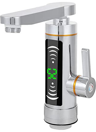 Elektrischer Wasserhahn Küche, 360° Drehbar Wasserhahn Bad, 3000W Durchlauferhitzer Wasserhahn, LED Temperaturanzeige, Armatur für Küche Badezimmer Bad (Silber)