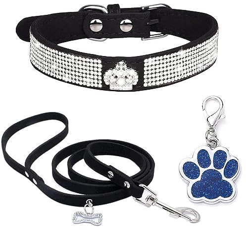 HALFSUMO Strass Hundehalsband Weicher Samt Leder Halsband Hundeleine Combo Set Niedliche Luxus Diamantbesetzt Bling Verstellbares Welpenhalsband für Kleine Mittelgroße Hunde Katzen Schwarz XS