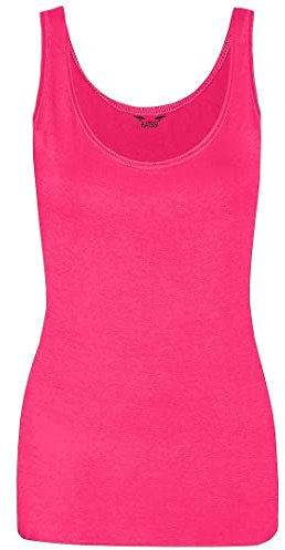New Ladies Women Solid Wide Shoulder Tall Vest Scoop Neck Tank Top Fuchsia