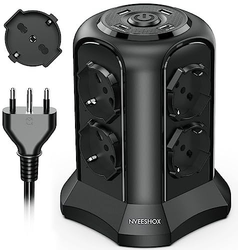 NVEESHOX Vertikale Steckdosenleiste mit 8 ITA 10/16A und Schuko Universal Steckdosen und 2 USB C und 2 USB A (USB-C1 20W PD3.0), 4000W/16A, Überspannungsschutz mit Schalter, 2M Kabel (Schwarz)