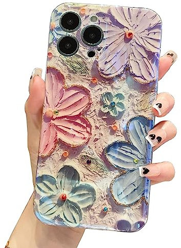 EYZUTAK Case for iPhone 14 Pro Max, Colorful Retro Oil Painting Flower Laser Glossy Pattern Cute Exquisite Floral Blossom Phone Cover Stylish Durable TPU Protective Case for Girls Women - Pink Flower