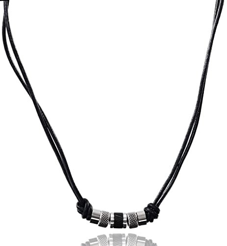 David Galvani ® | Handmade Herren Lederkette mit Bead Anhänger aus Edelstahl Silber |Halskette für Herren | Schwarze Leder | Halsband | Halsschmuck | Geschenk für Männer (50cm+5cm, Schwarz)