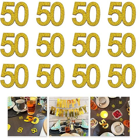 Oblique Unique® 12 Stück Holz Zahl 25/50 Glitzer Konfetti Holzdeko Tischdeko Streudeko zur Verzierung Dekoration für Silber Hochzeit Geburtstag Party zum Basteln (Zahl 50 - Gold)