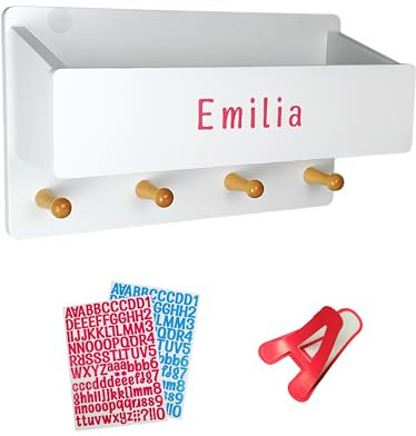 Smart Ideer - Kindergarderobe mit Ablage - Individuell mit selbstklebenden Buchstaben - Wandgarderobe aus Holz - Garderobe mit 4 Haken - Garderobe Kinder mit Ablage