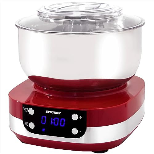 Syntrox Küchenmaschine & Knetmaschine Zaurak 5 Liter, Multifunktionale Aufsätze, Küchenmaschine mit 5 Geschwindigkeiten, 800 Watt Leistung, Edelstahl-Behälter, Gummifüße (Rot)