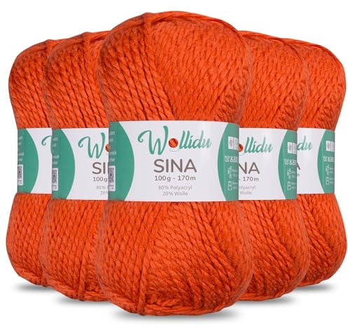 Wollidu Sina Wolle zum Stricken und Häkeln 500g Premium Strickwolle/Häkelwolle Set OEKO-TEX zertifiziert 5 x 100g/170m 80% Polyacryl 20% Schafwolle mulesing-frei - Terrakotta