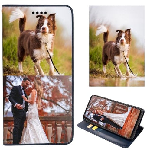 FortiCase Personalised Phone Case for Samsung Galaxy A05s,PU Leather Flip Cover,with Card Slots,Holder Cases,Design Your Own Photo Image,Text Personalised Case,2 Photo - Blue