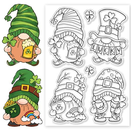 CHGCRAFT Zwerge Transparente Stempel Silikonstempel Kleeblatt Hintergrund Transparente Stempel Für St. Patrick'S Day Karte Zum DIY Scrapbooking Foto Basteln 4.3x6.3 Zoll