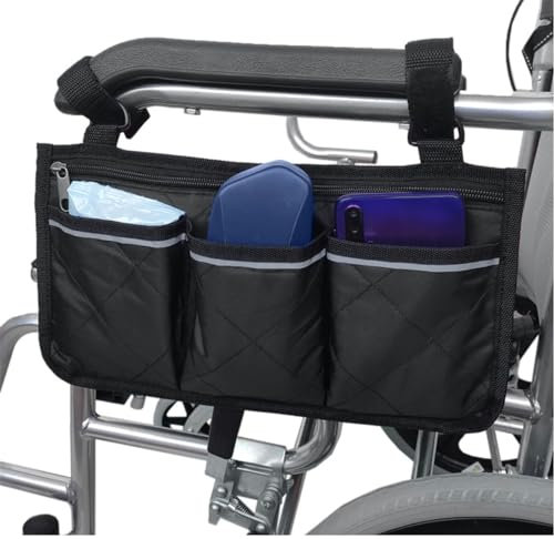 BOBOZHONG Bolsa Lateral para Silla de Ruedas,Bolsa de Silla de Ruedas Silla de Ruedas reposabrazos para Bolsas de Almacenamiento seguras para sillas de Ruedas con 3 Compartimentos (Negro)