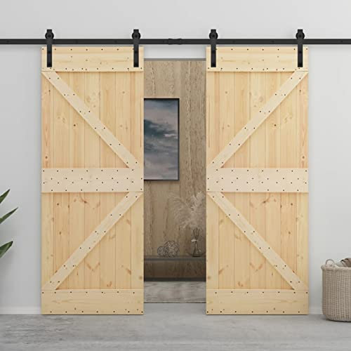 IKAYAA Schiebetüren Komplettset Mit Tür Doppel Schiebetür Komplettset Mit Tür Schiebetür mit Beschlag Schiebetürsystem Komplett-Set 80 x 210 cm Holzschiebetür Schiebetür Holz Kiefer Massivholz-14