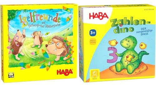 HABA 305587 - Igelfreunde, Würfelspiel für 2-4 Spieler ab 3 Jahren & 4928 - Zahlendino Dinostarkes Zahlen- und Memospiel