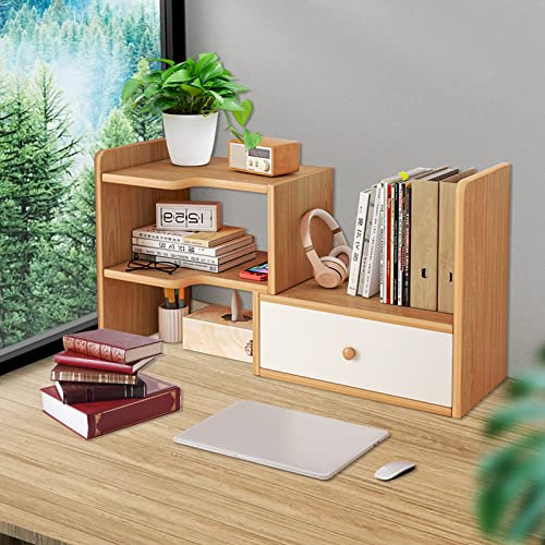 Undres Bücherregal, Desk Organizer, Schreibtisch Regal, Desktop-Bücherregal aus Holz, Hergestellt aus Hochwertiger MDF-Platte, für Schlafzimmer, Büro, Arbeitszimmer (Holzfarbe, Mit Schublade)