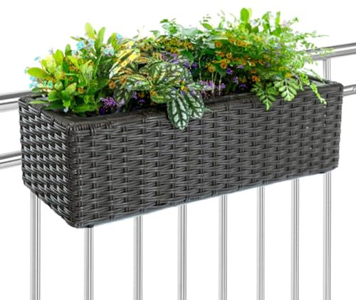 BAKAJI Macetero con Efecto ratán con Ganchos y Anillos para balcón, Maceta para Flores de balcón y Mesa para Exteriores e Interiores, Soporte 1 Compartimento Resistente a los Rayos UV 54 x 22 x 17 cm