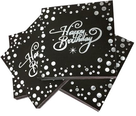 YOYEAH 40 Stück Servietten Schwarz mit Silber für Tischdeko - Happy Birthday Geburtstagsservietten, Schwarze Deko Geburtstag, Lustige Servietten für Mädchen und Jungen(silbrig)