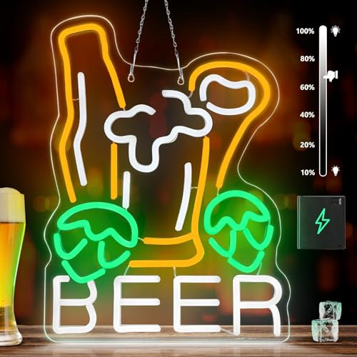 Laybasic Bier Neonschild 40x30cm, Dimmbare LED Leuchtreklame mit USB/Batteriebetrieb, Stylische Bar Wanddeko für Party, Nachtclub, Restaurant, Mann Höhle, Geburtstag, Festival, Feiern