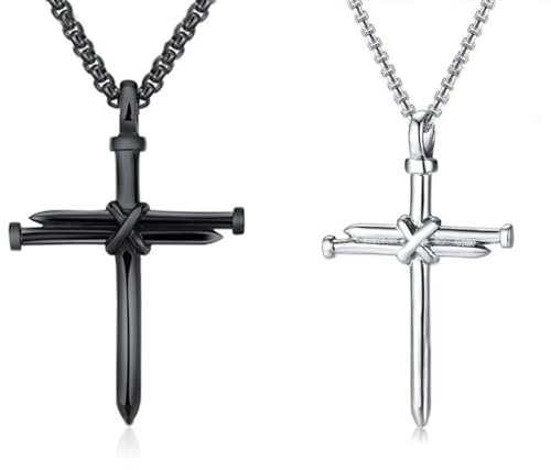 WKRTDY Collana Uomo con Ciondolo Croce Nero e Argento, 2 Pezzi in Acciaio Inossidabile Lucidato, Gioielli Cristiani per Uomini e Donne, Chiodo Catena per Regali Cristiano, Natale e Compleanno