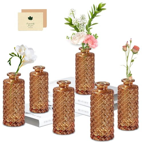 UCAMP Lot de 6 Mini Vases en Verre,Vase Ambre,Petits Vases Décoratifs,vases en Verre Transparent Vintage pour centres de Table,pour Décoration de Table,Mariage,Réception,Centre de Table