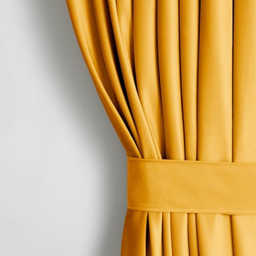 AmeliaHome Set Vorhang H 245 x B 140 cm mit Raffhalter 54 x 10 cm Velvet Optik Senfgelb 1 St. Kräuselband Wellenband Samt Halbverdunkelungsvorhang Fensterdekoration Dekoschal Dekorvorhang