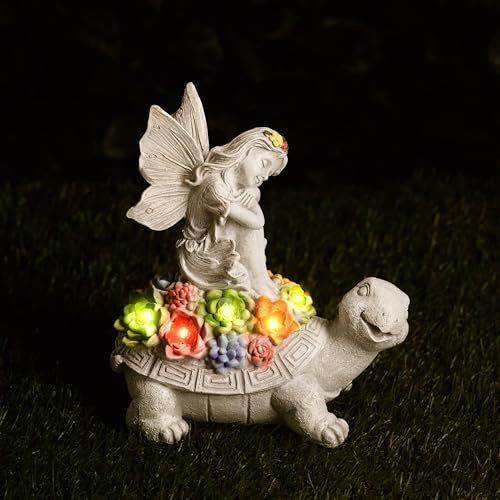 Garden Mile Solar Turtle Fairy Statue Garden Ornaments, Outdoor Decoration LED Solar Lights Faux Succulent Plant for Patio, Balcony and Lawn Garden Tortoise Figurine Decor Gardening Gift