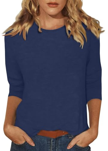 Womens 3/4 Sleeve Tops Solid Color Casual Gym Fashion Daily T-Shirts Ladies Lightweight Summer Round Neck Blouses