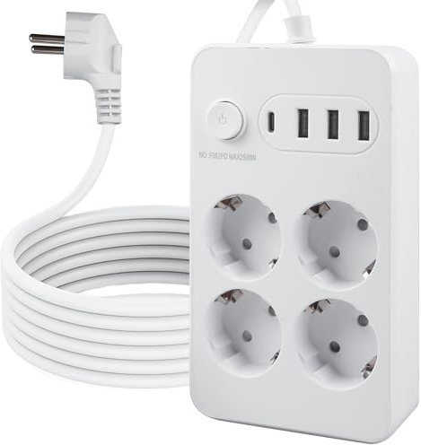 GOMETY 4 Fach Steckdosenleiste mit USB-C und Type-C, Integrierter Schalter, 2M Verlängerungskabel, 2500W / 10A, Überspannungsschutz, Wandmontage, Multisteckdose für Büro und Zuhause, Weiß