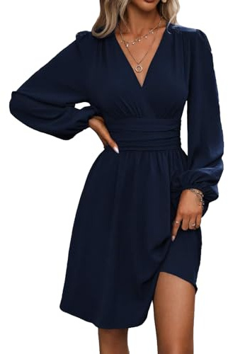 Vestito Donna Elegante Abito Vita Alta Scollo a V Casual Vestiti Linea A | Vestito Manica Lunga/Manica Corta Mini Moda Maniche Lanterne per Festa Natale Matrimonio Primavera Estate Autunno Inverno